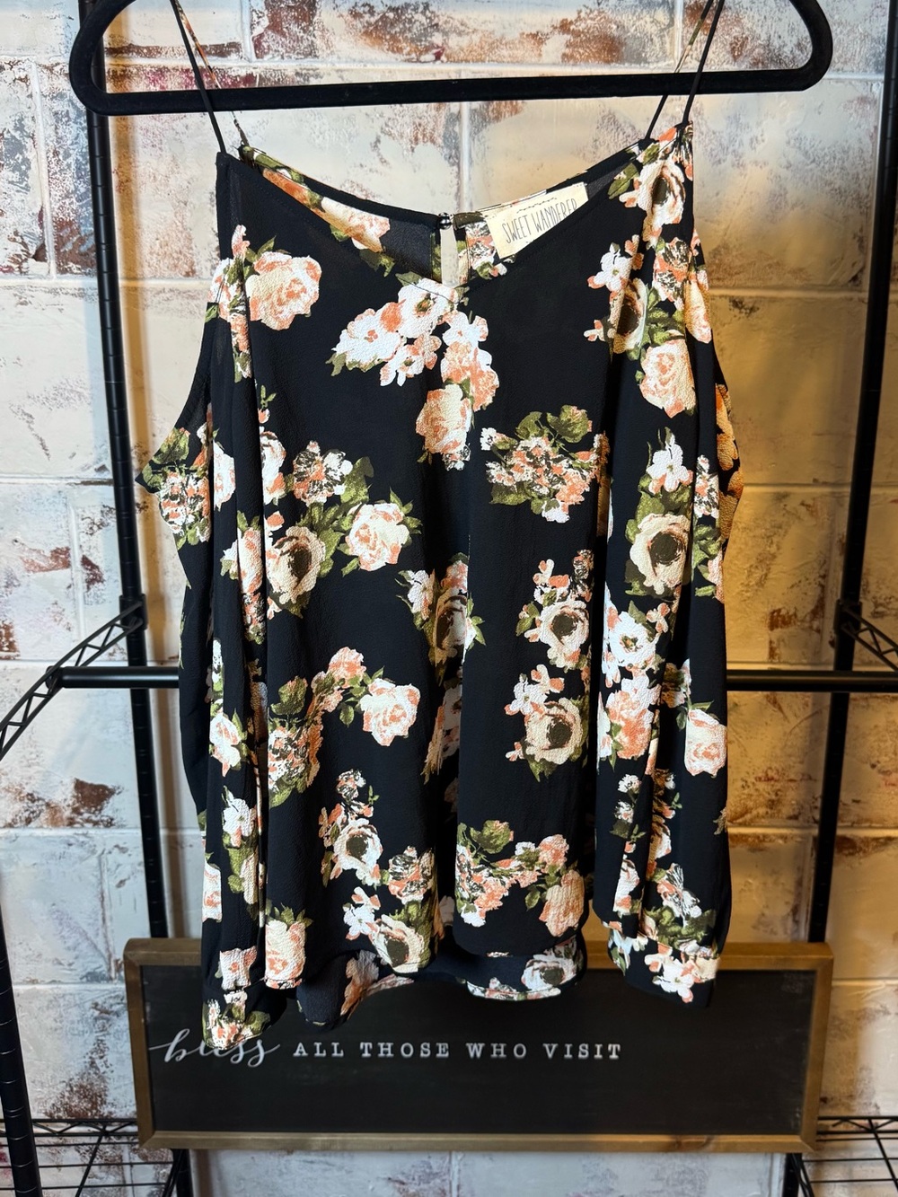 Sweet Wanderer Black Cold-Shoulder Floral Blouse with Pink and Cream Roses